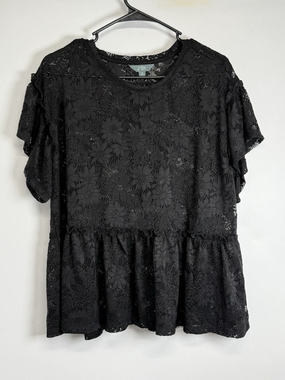 Terra & Sky Black Lace Peplum Top 0X Plus Flutter Sleeve Sheer Whimsigoth Fairy